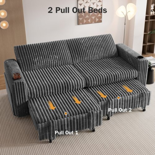 Dyonery - 91-in  Sectional Sofa Bed with Reclining Backrest/USB Ports/Cup Holders, Tool Free Assembly, Plush Corduroy - Gray-Front_Standard 