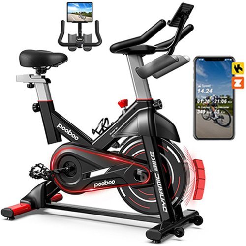 Pooboo - Indoor Cycling Bike for Home Cardio, Adjustable Magnetic Fitness Stationary Bike with 350lbs/300lbs - Red-Front_Standard 