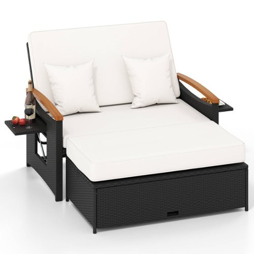 Costway - Patio Rattan Daybed Set with Cushioned Loveseat & Storage Ottoman for Porch - White + Black-Front_Standard 