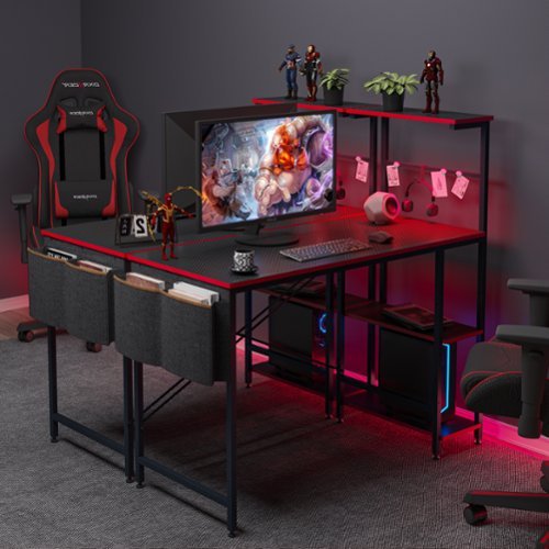 Bestier - Gaming Desk with LED Lights and Adjustable Shelves - 44" Wide - Carbon Fiber Black