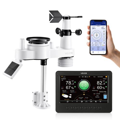 VEVOR - 7-in-1 Wi-Fi Weather Station, 7-Inch TFT Display, Wireless Solar Powered Outdoor Sensor, Rain Gauge - White-Front_Standard 