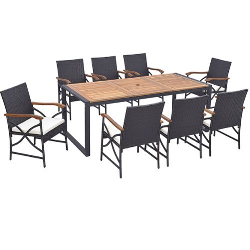 Costway - 9 Pieces Patio Rattan Dining Set with Acacia Wood Table, 1.9" Umbrella Hole - Mix Brown + Off White-Front_Standard 