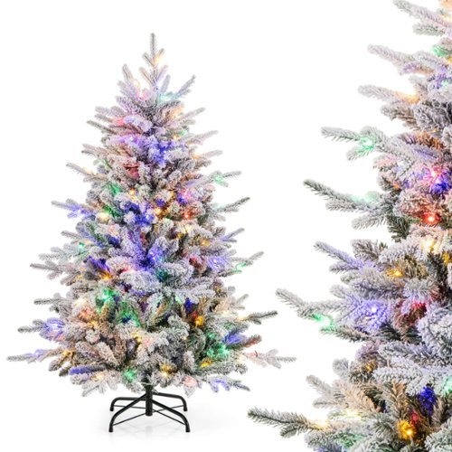 Costway - 4.5 FT Flocked Christmas Tree with 8 Lighting Modes 160 Multi-Color LED Lights - Green/White