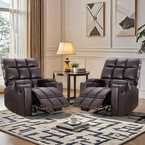 Bestier Set of 2 33.5 in. W Faux Leather Manual Recliner with Massage and Arm Storage and 2 Cup Holders - Brown