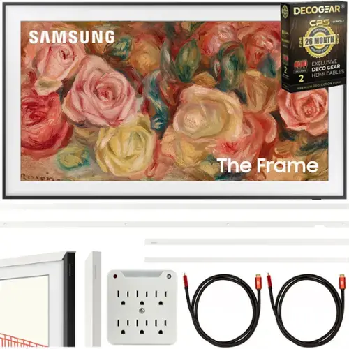 SAMSUNG  
The Frame  

DECOGEAR  
CPS BUNDLE  
26 MONTH  
EXCLUSIVE DECO GEAR HDMI CABLES  
2 PLAN PREMIUM PROTECTION