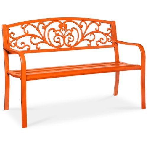 Best Choice Products - Outdoor Steel Bench Garden Patio Porch Furniture w/ Floral Design Backrest - Carrot-Front_Standard 