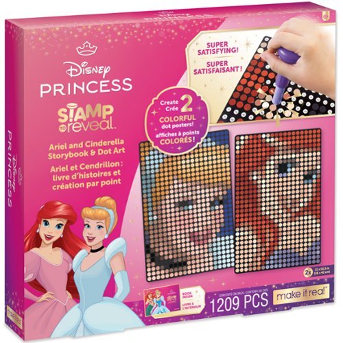 Make It Real: Disney Stamp To Reveal Ariel & Cinderella Storybook & Dot Art - 1209 pcs, DIY 2 Princess Dot Posters, Craft Kit, Girls & Kids Ages 6+