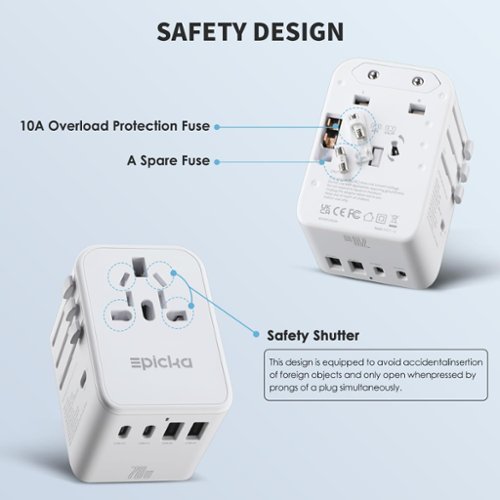 Epicka GaN 70W Universal Travel Adapter with 3 USB-C PD Fast Charging & 2 USB-A (TA-105 Pro, White) - White WHERE TO BUY