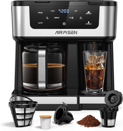 AIRMSEN - 12-Cup Drip Coffee Maker with K-Cup Combo, Single Serve & Carafe Coffee Machine - Black-Front_Standard 