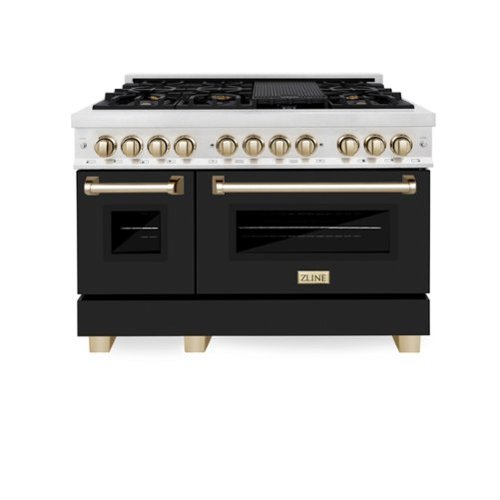 ZLINE - Autograph 48 in. Legacy Dual Fuel Range in Satin Steel w/ Black & Gold Accents (RASZ-BLM-48-G) - Black Matte-Front_Standard 