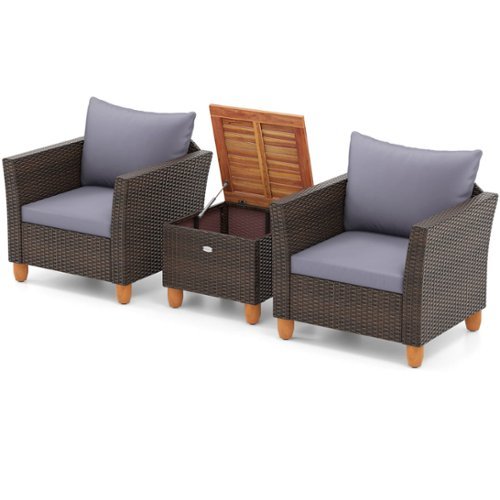 Costway - 3 PCS Outdoor Patio Rattan Bistro Furniture Set Wooden Table Top Cushioned Sofa - Gray-Front_Standard 