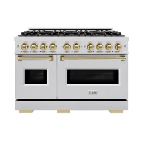 Front. ZLINE - Autograph Edition 48" Classic Gas Range w/ 8 Burners & Champagne Bronze Accents (CGRZ-48-CB) - Stainless Steel.