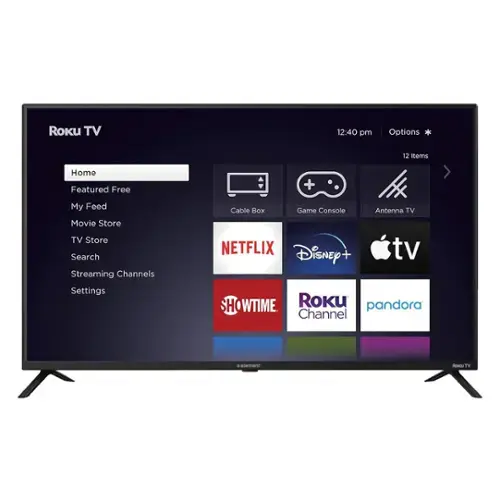 Roku TV  
12:40 pm  
Options *  
12 Items  

Home  
Featured Free  
My Feed  
Movie Store  
TV Store  
Search  
Streaming Channels  
Settings  

Cable Box  
Game Console  
Antenna TV  

NETFLIX  
Disney+  
Apple TV  
SHOWTIME  
Roku Channel  
Pandora  

Rooca TV