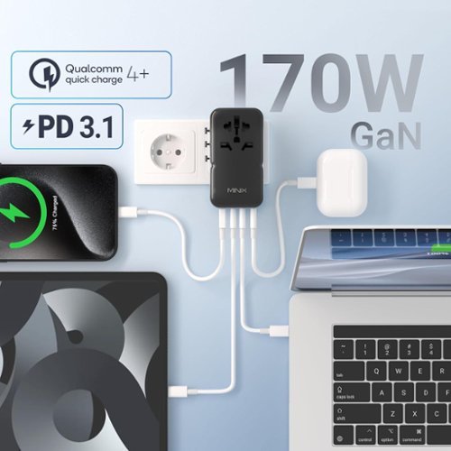 MINIX TP170 GaN III 170W Travel Adapter with 3 USB-C & 1 USB-A Ports, Compatible with US/UK/EU/AU for Laptops, Tablets, Phones - Black GLOBAL SHIPPING