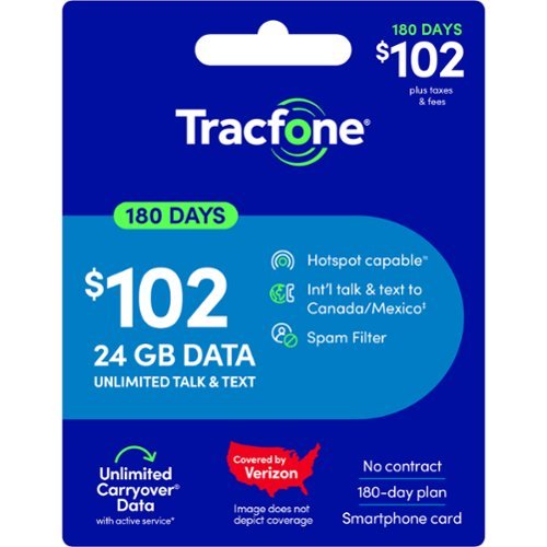 Tracfone - $102 Unlimited Talk & Text plus 24GB of Data 180 - Day - Prepaid Plan [Digital]