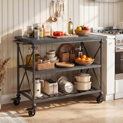 Aheaplus - 3-Tier Wood & Metal Rolling Kitchen Cart with Pipe-Leg Design, Lockable Wheels & Storage Shelves for Kitchen & Dining - Gray Oak-Front_Standard 