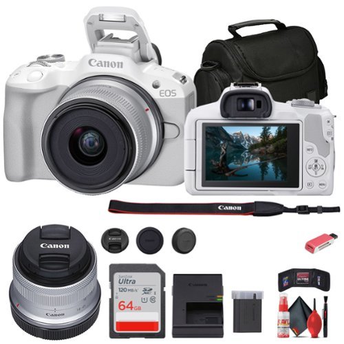 Canon - EOS R50 Mirrorless Camera with 18-45mm Lens + 64GB Card + Bag + More - White-Front_Standard 