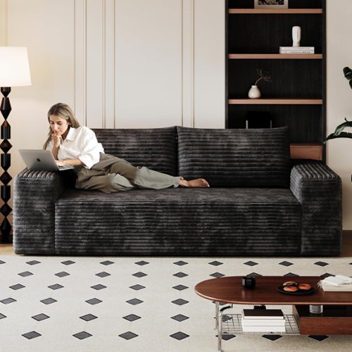 Trinkets Crazed - 71" 3-Seater LoveSeat Sofa Plush Corduroy Boneless Couch with High Cushion Backrest and Wider Armrest - Black-Front_Standard 