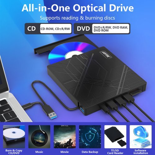 AGPtek 8 in 1 External CD/DVD Drive for Laptop, Portable CD Burner