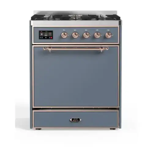 Front. ILVE - ILVE Majestic II 30 inch Dual Fuel Range with 5 Burners (Natural Gas, Blue Grey, Copper Trim) - Blue Grey.