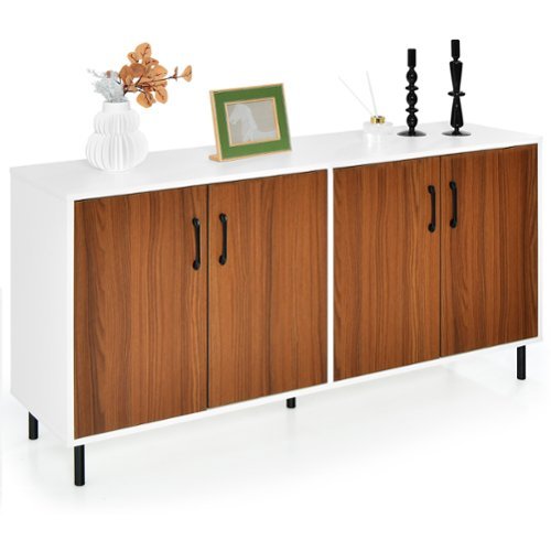 Costway Buffet Server Sideboard Kitchen Storage Cabinet Cupboard with Shelves & 4 Doors - White/Walnut
