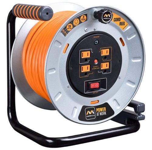 Masterplug - 100Ft 4 Sockets 15A 12AWG Large Open Metal Reel - Metal & Orange