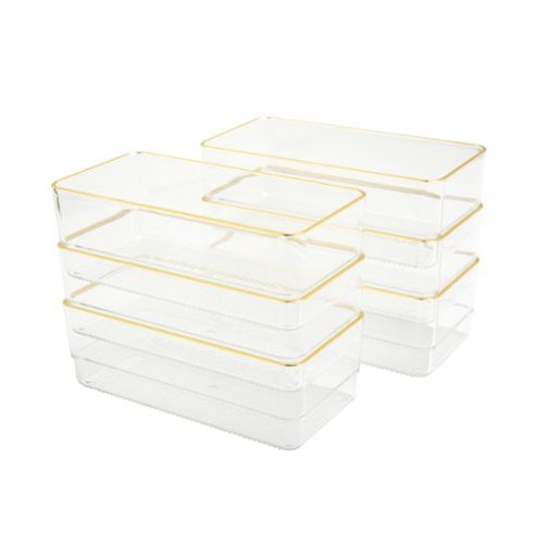 Martha Stewart - Kerry Set of 6 Plastic Stacking Desk Drawer Organizers with Gold Trim - 6 x 3 - Clear/Gold Trim-Front_Standard 