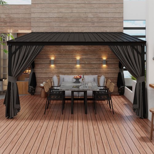 Famapy - Heavy Duty Outdoor Gazebo with Steel Roof, Aluminum Frame, Curtains & Netting for Patio, Garden, Deck-Front_Standard 