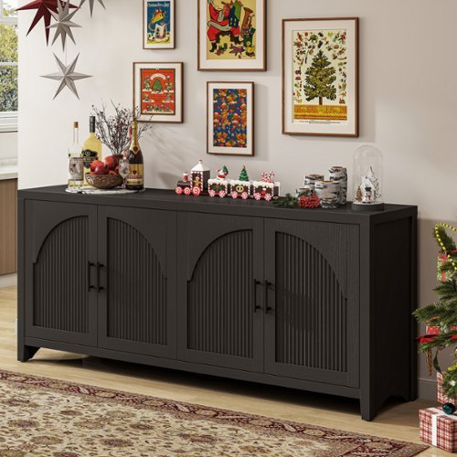 Bestier - 70" Modern TV Stand for TVs up to 75", Natural Wood Media Console with 4 Fluted Curved Doors - Black Grained-Front_Standard 