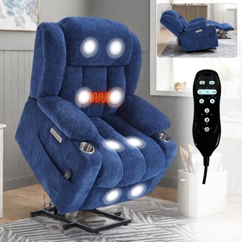 APRILSOUL - Power Lift Recliner Chair with 8-Point Vibration Massage and Lumbar Heating USB and Type-C Ports Steel Cup Holders - Blue-Front_Standard 