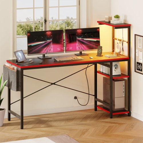 Bestier 61" Gaming Desk with Power Outlets LED 4-Tier Reversible Shelves Headset Hook - Black