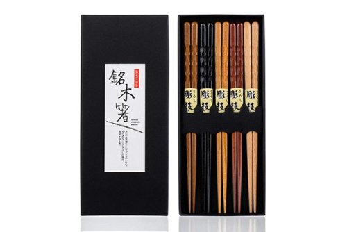 Heim Concept - 5 Pair Organic Fancy Hardwood Japanese Reusable Wood Chopsticks - Brown-Front_Standard 
