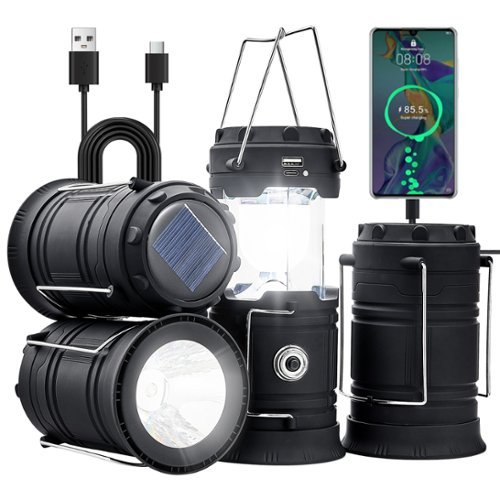 VEVOR - LED Camping Lanterns, 4 Pack Rechargeable Camping Flashlights, Solar & USB Charging, Portable Collapsible - Black-Front_Standard 