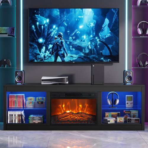 Ihomeadore - 66" TV Stand with 24" Insert Electric Fireplace and Open Storage Shelves Media Console for TVs up to 75" - Black-Front_Standard 