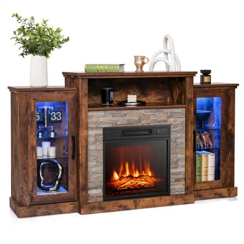 Costway - Fireplace TV Stand w/ Led Lights & 18" Electric Fireplace for For 65" Wall-Mounted TV - Brown-Front_Standard 