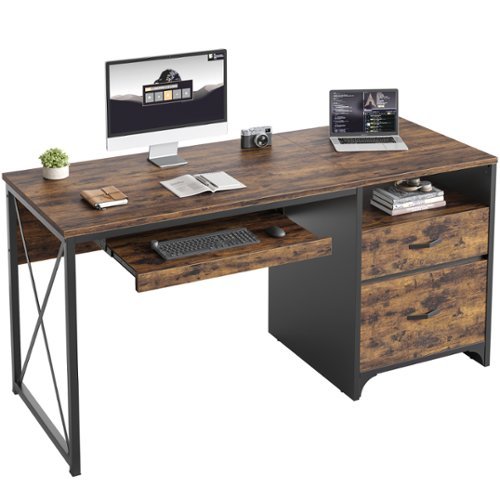 Bestier - 55 inch Executive Office Desk with Drawers, Keyboard Tray & File Cabinet for Home Office - Rustic Brown-Front_Standard 