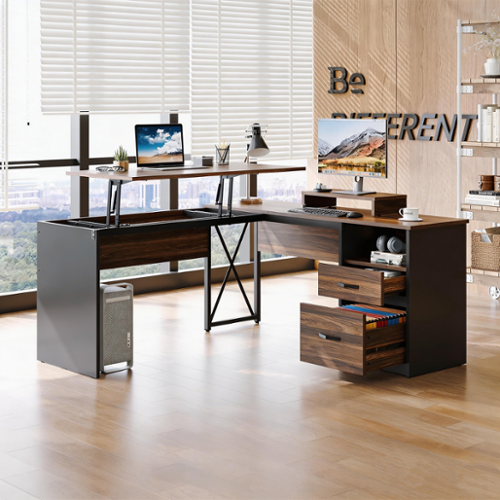 Bestier - Ergonomic L Shaped Desk with Manual Height Adjustable Left Side Lift, Built in Drawers and Monitor Riser - Brown-Front_Standard 