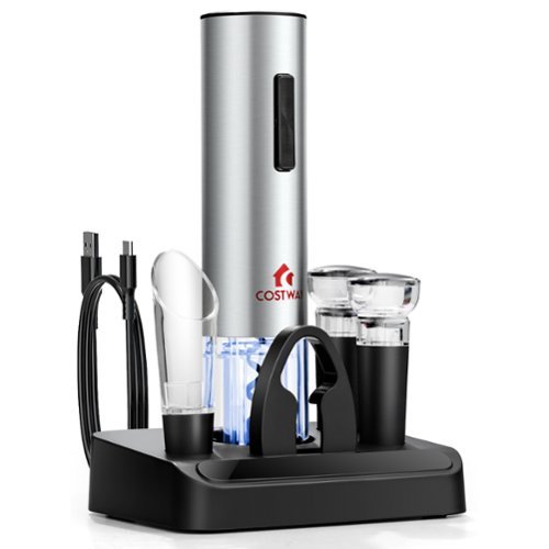  Costway - 6 in 1Electric Wine Bottle Opener Set Rechargeable Cordless Corkscrew Opener Set - Black + Transparent