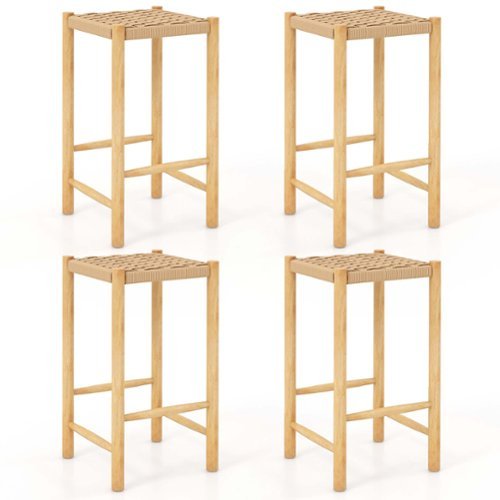 Costway - 26" Dining Bar Stool Set of 4 Counter Height with Rubber Wood Woven Saddle Seat - Natural