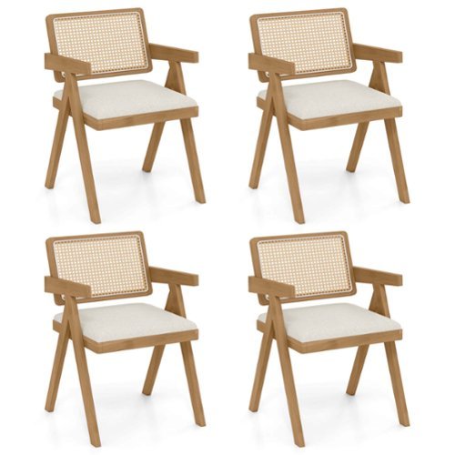 Costway Set of 4 Rattan Accent Chairs Leathaire Dining Chairs Modern Living Room Chairs - White + Natural