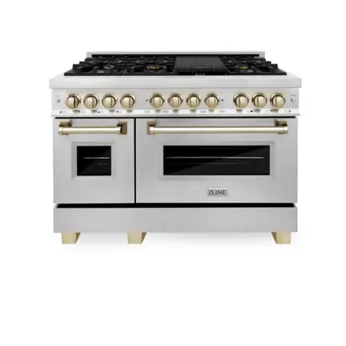 Front. ZLINE - Autograph 48 in. 6.0 cu. ft. Legacy Freestanding Dual Fuel Range with  6 Burners & Convection Oven w/ Gold Accents - Stainless Steel.