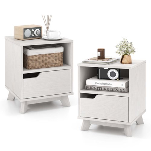 Costway - 2 PCS Nightstand Set of 2 Sofa Side End Table with Storage Shelf & Drawer Space-Saving - Distressed White-Front_Standard 