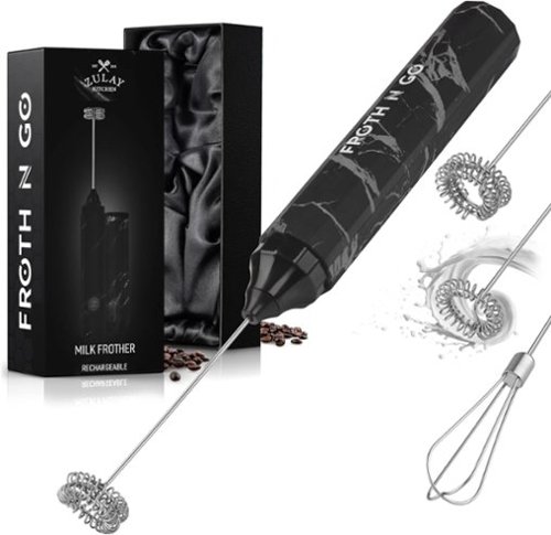 Zulay Kitchen - 3-in-1 Froth N Go Milk Frother Rechargeable - Comes with 3 Whisk Attachments - Black Marble-Front_Standard 