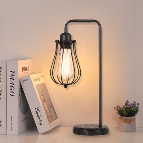 Oumilen - Edison Industrial Table Lamp with Marble Base - Vintage Black Nightstand Lamp for Bedroom Living Room Office-Front_Standard 