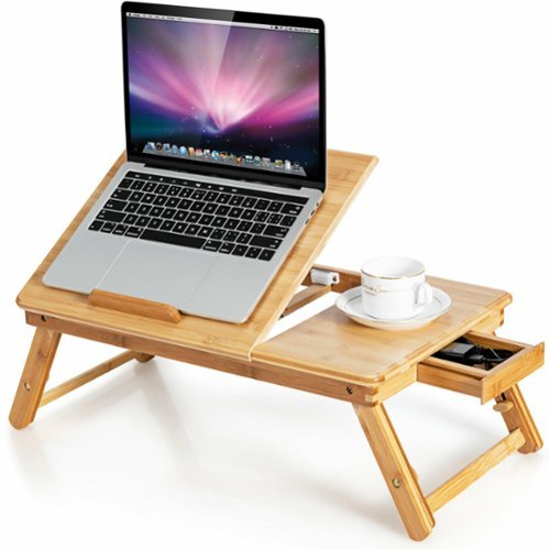 Costway - Bamboo Laptop Desk Adjustable Folding Bed Tray with Drawer Heat Dissipation - Natural