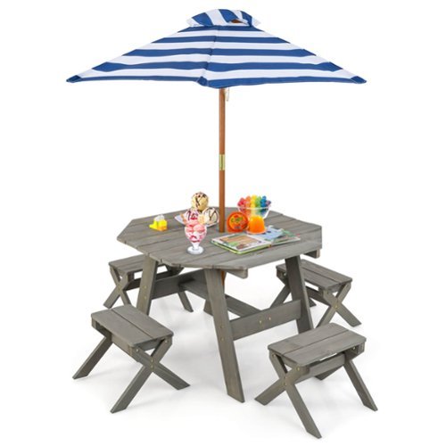 Costway - Kids Wooden Table Set with Octagon Table 4 Stools & Removable Adjustable Umbrella - Gray-Front_Standard 