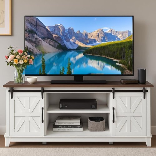 GARVEE - Modern Farmhouse TV Stand, 66", Sliding Barn Doors, Storage, Power & USB, TV up to 75", Console - White-Front_Standard 