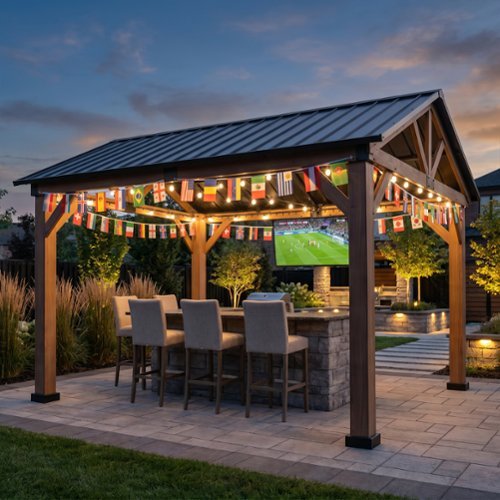 Mondawe - 11 ft. x 13 ft. Aluminium Patio Gazebo with Privacy Curtain and Mosquito Netting– Buy Now & Get a Free Flag - Brown-Front_Standard 