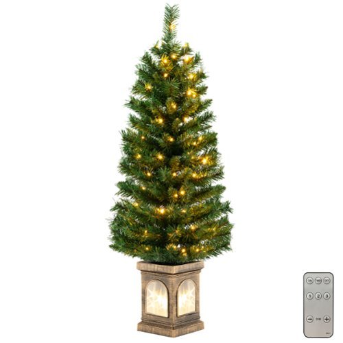 Costway - 1 PC 4 FT Pre-Lit Potted Christmas Tree Artificial Entrance Decor with 3 Lighting Modes - Green/ Gold