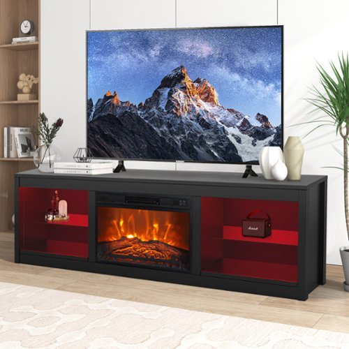 Ihomeadore - 66" TV Stand with 23" Insert Electric Fireplace and Open Storage Shelves Media Console for TVs up to 75" - Black-Front_Standard 